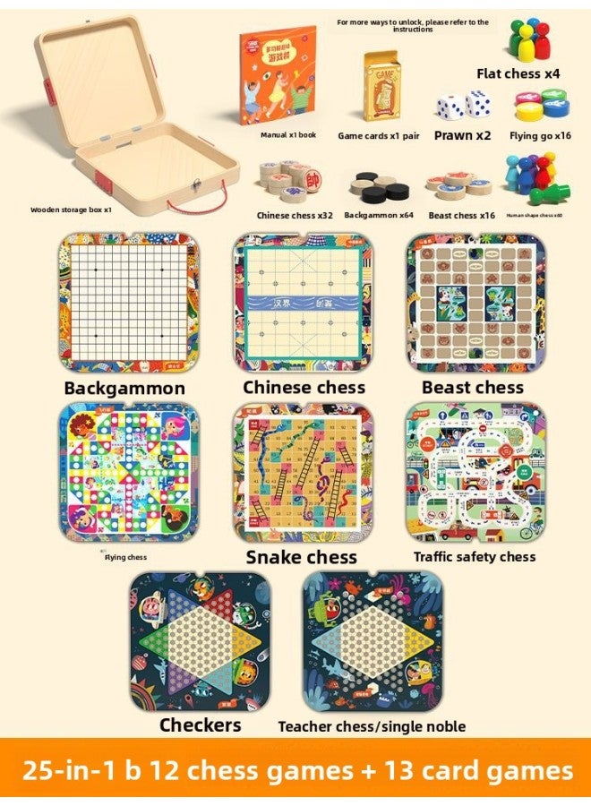 Wooden Checkers, Flying Chess, Backgammon, 50-In-One Multi-Functional Chessboard Board Game, Kidsren's Birthday Gift Toy